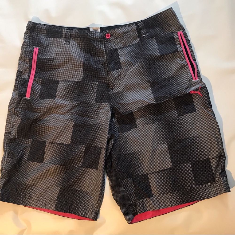Puma Black Geometric Athletic Shorts with Pink Accents Used in Great Condition